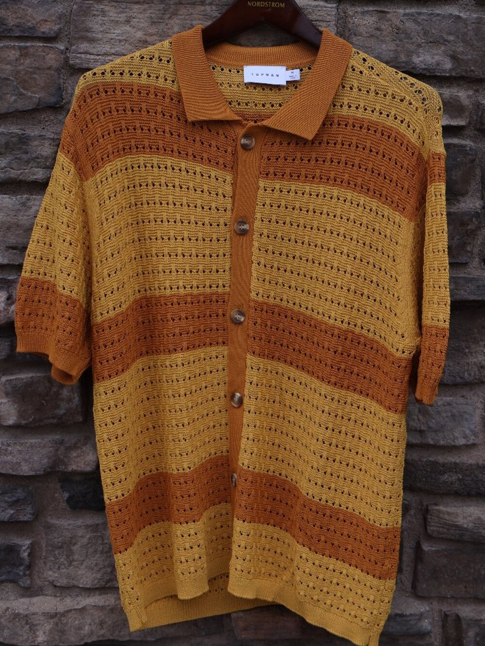 Topman Men’s Medium Mustard Orange Striped Crochet Knit Button-Through Polo